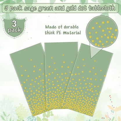 FunnyPars 3 Pack Sage Green and Gold Plastic Tablecloth, Green Disposable Table Cloth for Rectangle Tables, Gold Dot Light Green Tablecloth for Baby Shower Birthday Wedding Party Decorations, 54"x108"