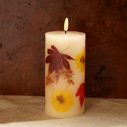 Fall Flameless Candles with Real Maple Leaf & Marigold Embedded Pillar Candles Battery Operated with Remote (3" × 6") - Straight Edge, Real Wax, Unscented - Ideal for Thanksgiving Decorations