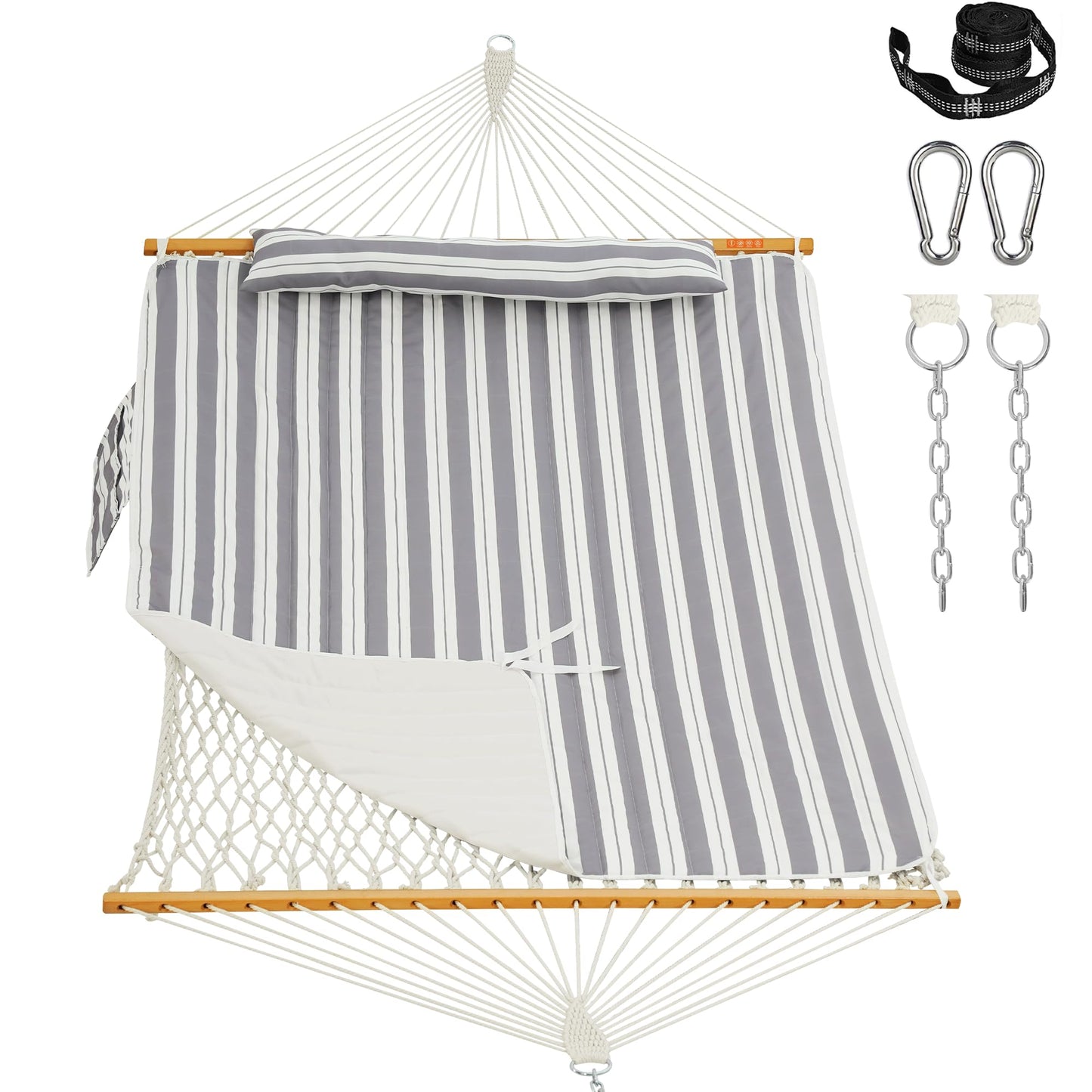 Lazy Daze Hammocks Rope Hammock with Pad, Spreader Bar, Carabiners, Tree Straps, Chains for Outside Patio- Max 450 Lbs, Light Grey Stripes