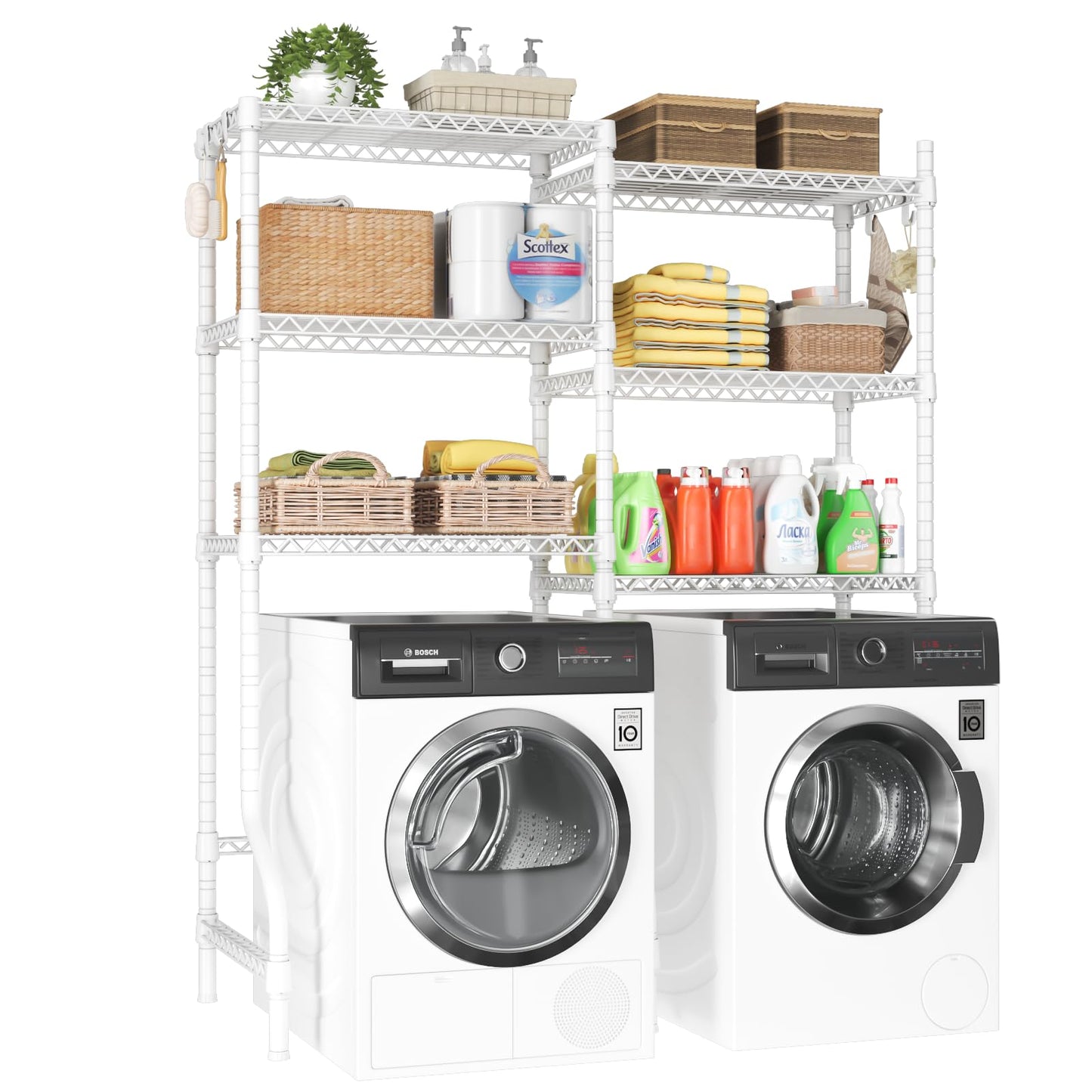 ULIFHOME U15 Over Washer and Dryer Storage Shelves, Laundry Above Washer Dryer Storage Rack Space Saver, 6-Tier Wire Shelf with 4 Hooks for Organization, 63.4"W x 17.3"D x 76.4"H, Holds 568lbs, White