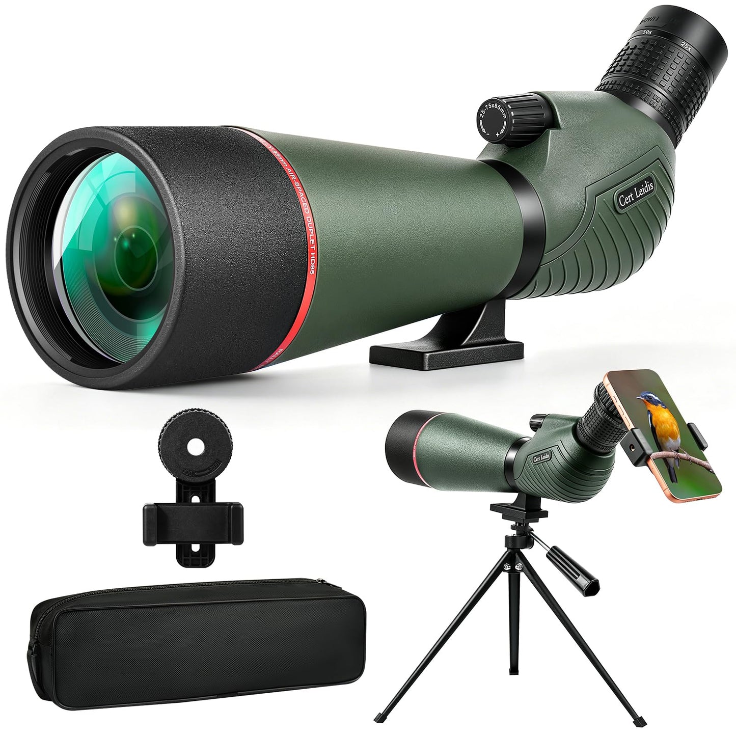 Cert Leidis 25-75x85 HD Spotting Scope with Phone Adapter & Tripod & Portable Carrying Bag - Fully Multi-Coated & BAK4 Prism, Waterproof Spotter Scope for Birding,Wildlife Viewing,Outdoor Observation