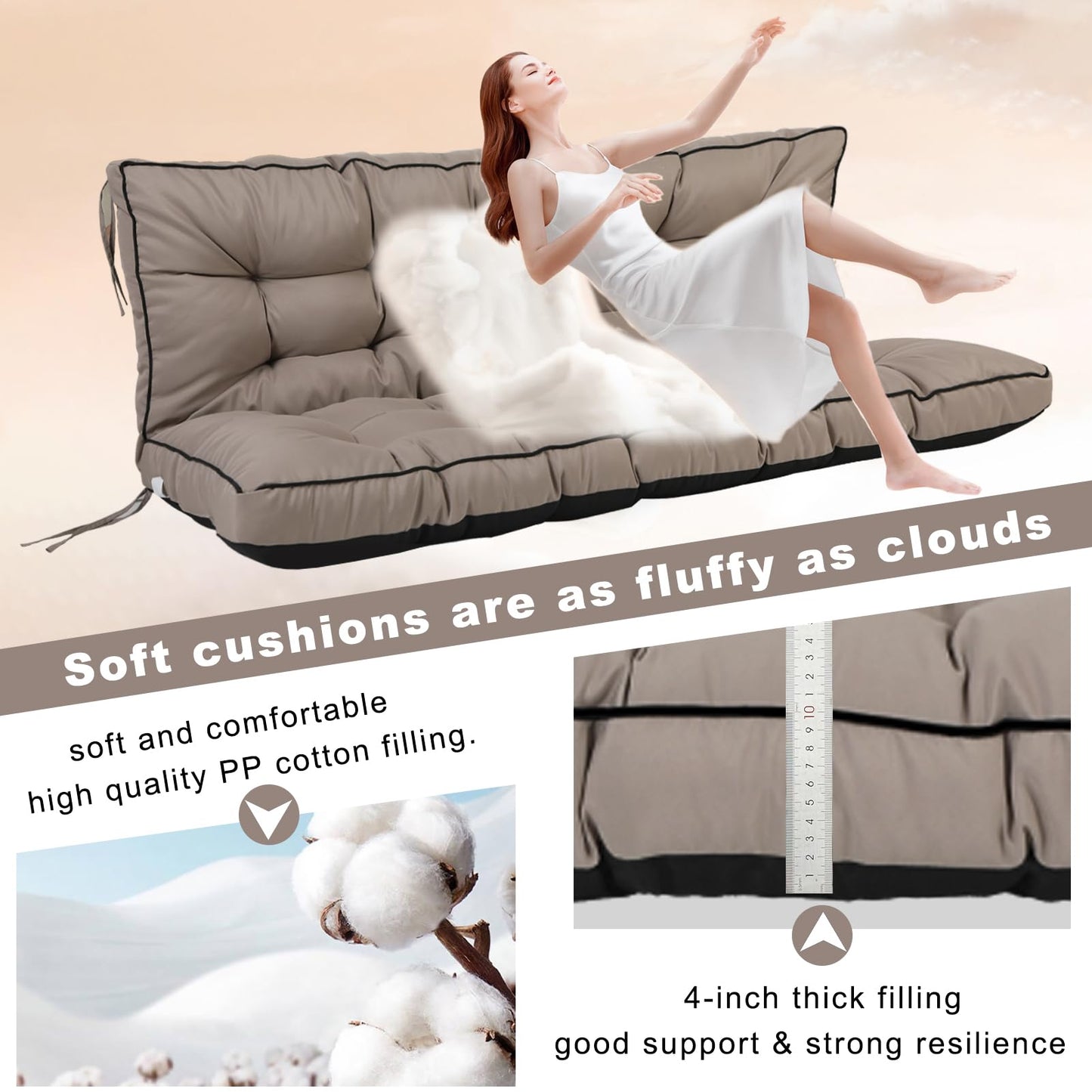 HIYEN Porch Swing Cushions 3 Seater Replacement, Waterproof Bench Cushions for Outdoor Furniture with Backrest, 4" Thickened Patio Swing Cushion with Ties (Khaki, 55 * 40 inch)