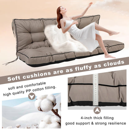 HIYEN Porch Swing Cushions 3 Seater Replacement, Waterproof Bench Cushions for Outdoor Furniture with Backrest, 4" Thickened Patio Swing Cushion with Ties (Khaki, 55 * 40 inch)