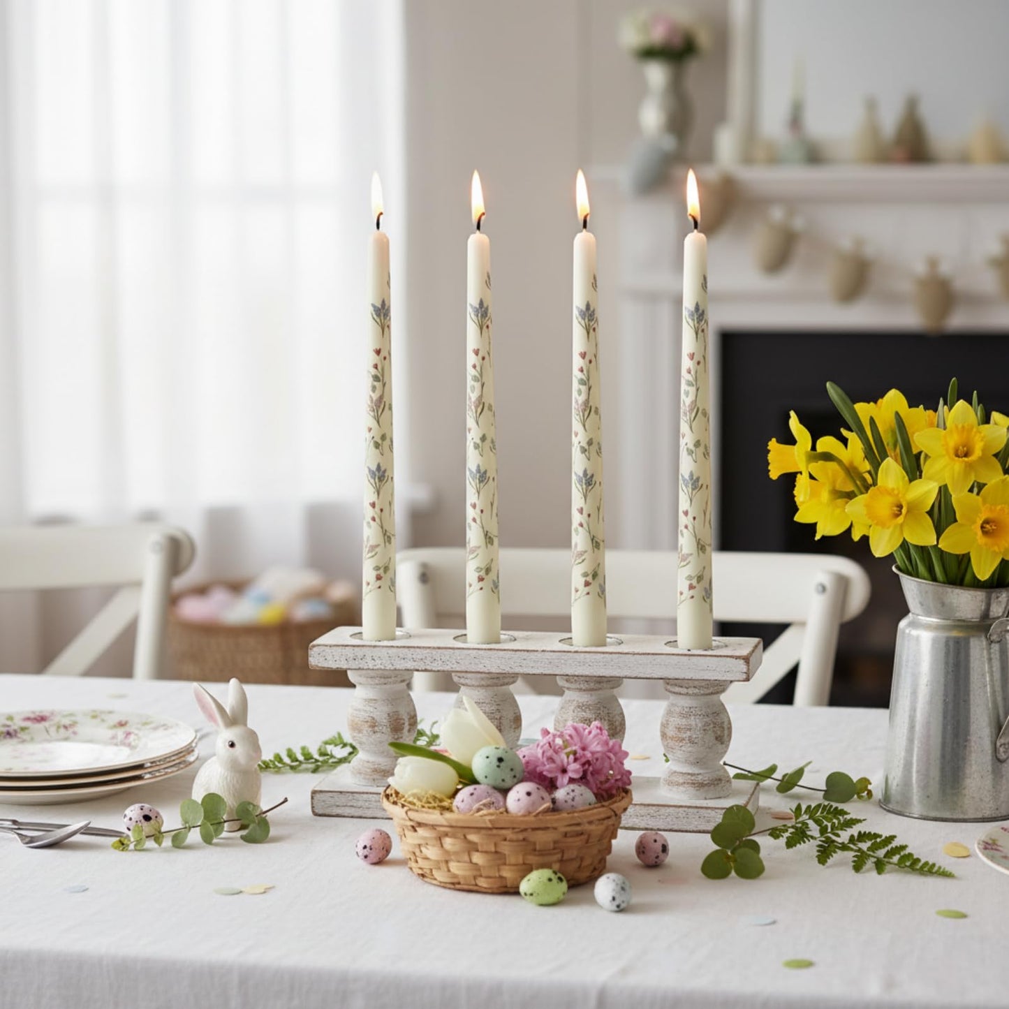 Floral Taper Candles Dripless Candlesticks, 4 Pack Unscented Flower Taper Candle, 10 Inch Elegant Pastel Candle Sticks for Easter, Saint Patrick’s Wedding Table Centerpieces Mother’s Day Home Decor