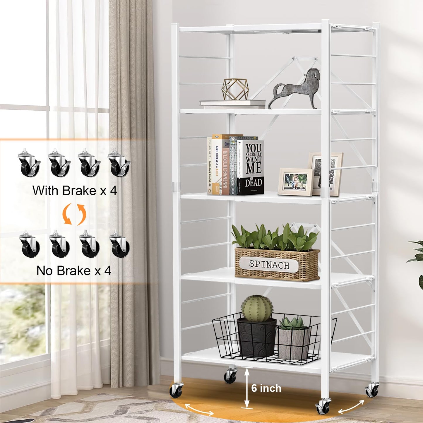 Himix 5 Tier Foldable Storage Shelves, Expandable Folding Pantry Shelf with Wheels, Changeable into 2 Shelf Units, Collapsible Storage Rack Metal Shelves for Kitchen, Room, Garage, White