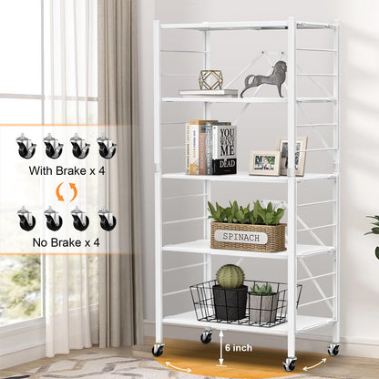 Himix 5 Tier Foldable Storage Shelves, Expandable Folding Pantry Shelf with Wheels, Changeable into 2 Shelf Units, Collapsible Storage Rack Metal Shelves for Kitchen, Room, Garage, White
