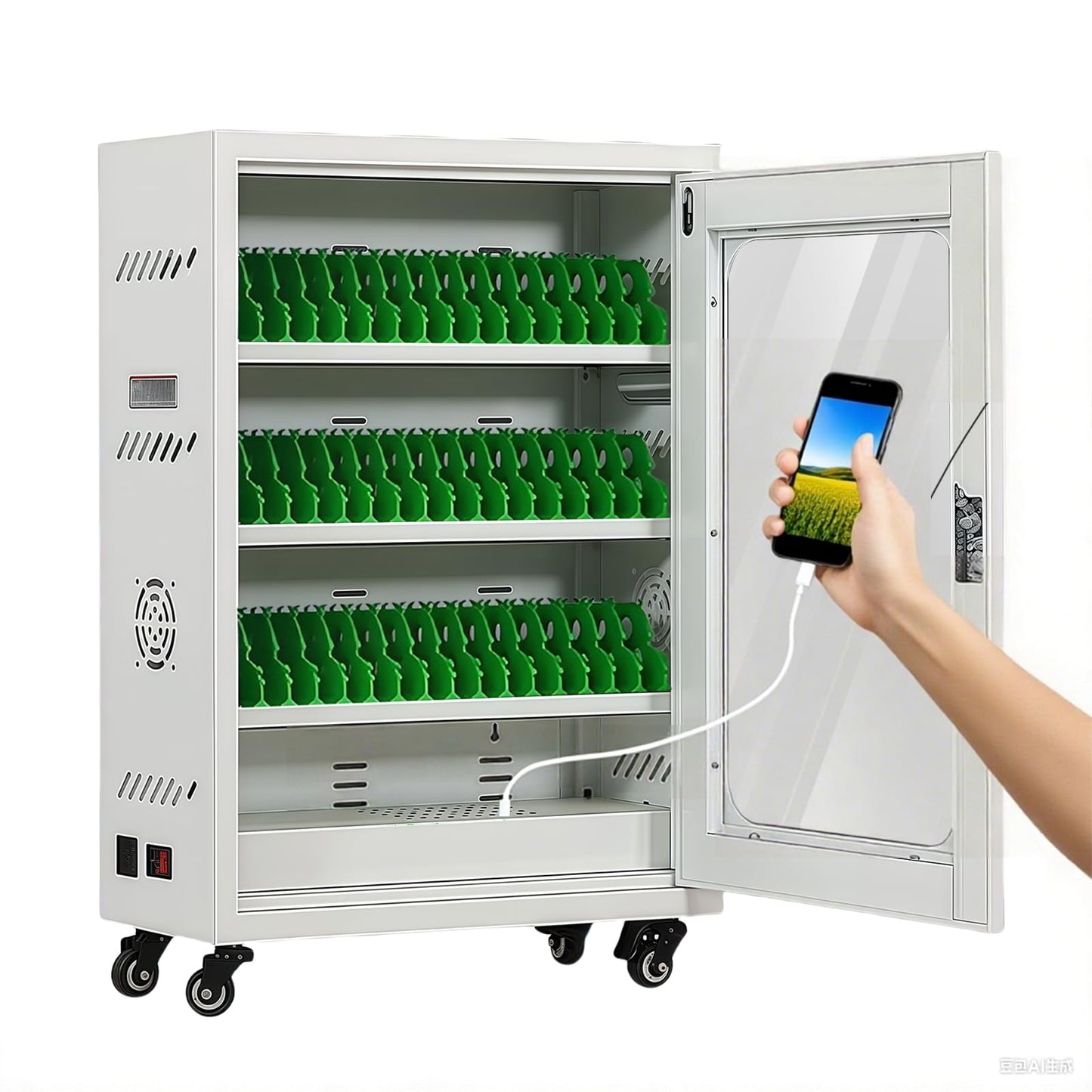 zyiesrsq Mobile Charging Cabinet for Cell Phone, 50 Device Charging Station, USB Charging Cart Locker, with Wheels & Combination Lock, Secure Phone Storage Cabinet (50Slots)