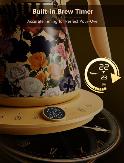 Olumaramio 0.8L/27oz Gooseneck Electric Kettle - ±1℉ Precise Temperature Control for Pour Over Coffee & Tea, 1200W Fast Heating, Auto Shut-Off, Built-in Brew Timer, BPA-Free Stainless Steel, Floral