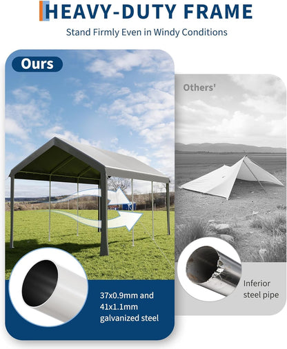 10x20 Heavy Duty Carport Galvanized Steel Outdoor Car Canopy with UV Resistant and Water Resistant PE Cover Portable Garage for SUV Truck Boat and Outdoor Equipment, Gray