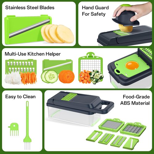 HomeHacks Vegetable Chopper - 12-in-1 Multi-Functional Kitchen Gadget for Dicing, Slicing & Grating | Green