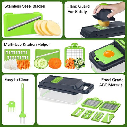 HomeHacks Vegetable Chopper - 12-in-1 Multi-Functional Kitchen Gadget for Dicing, Slicing & Grating | Green