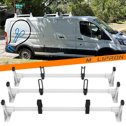MELIPRON Cargo Van Roof Ladder Rack Fit for 2015-2026 Ford Transit 150 250 350, Low/Medium/High Roof, Heavy‑Duty 800  lbs Capacity Steel Ladder Rack for Van, No‑Drill Rack with White Powder Coat