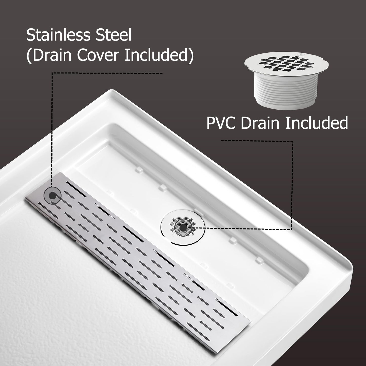 MORVANO Shower Base 60" x 32" Right Drain, Shower Pan Kit With Stainless Steel Cover, Non-Slip Acrylic in White, Brush Nickel for Bathroom