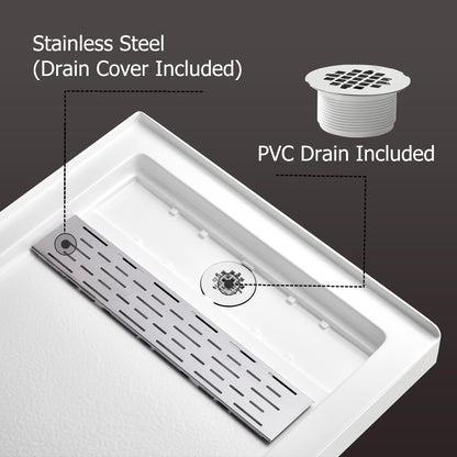 MORVANO Shower Base 60" x 32" Right Drain, Shower Pan Kit With Stainless Steel Cover, Non-Slip Acrylic in White, Brush Nickel for Bathroom