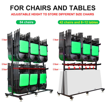 Gliretiky Folding Chair Cart Storage Rack Thickened Two Tier Heavy Duty Folding Table Chair Racks for Storage with Locking Rubber Wheels can Withstand 800LBS Capacity