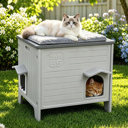 Rockever Outdoor Cat House for Summer, Elevated Waterproof Pet Shelter with Breathable Insulated Liner, Comfortable Outdoor Cat Home with Escape Door, All-Season Shelter for Cats (M,Grey&Heating Pad)