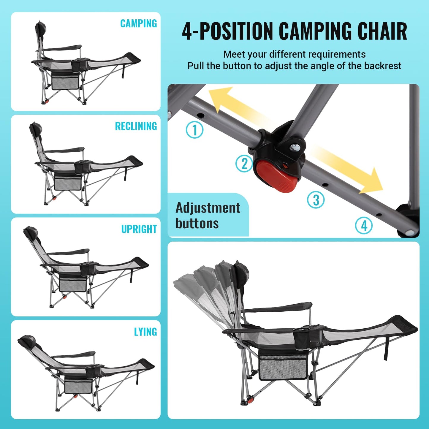 #WEJOY 2-in-1 Reclining Camping Chair with Footrest for Adults Folding Lounge Chair with Adjustable Backrest Lightweight Camping Chairs Heavy Duty Camp Chairs for Outdoor (2 Pack Black Grey)