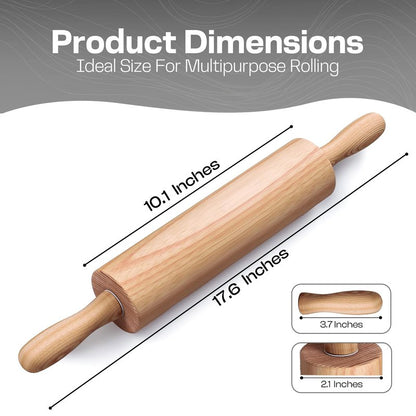 Wooden Rolling Pin 17.6 Inch with Rotating Ergonomic Handles – Classic Beech Wood Dough Roller for Baking Pizza, Pastry, Bread, and Cookies