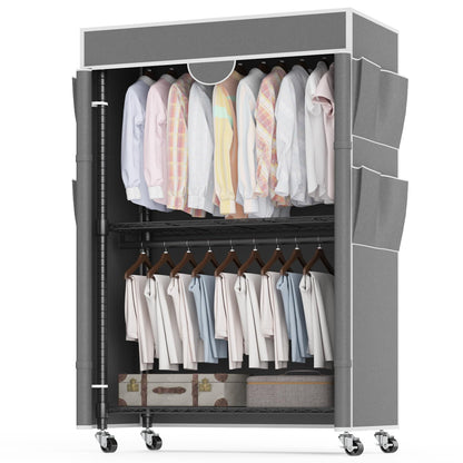 Homdox Garment Rack with Cover, Heavy Duty Clothing Rack for Hanging Clothes, Portable Closet Wardrobe, Double Rods Garment Rack with wheels, 35.1" W x 17.4" D x 80.6" H, Gray