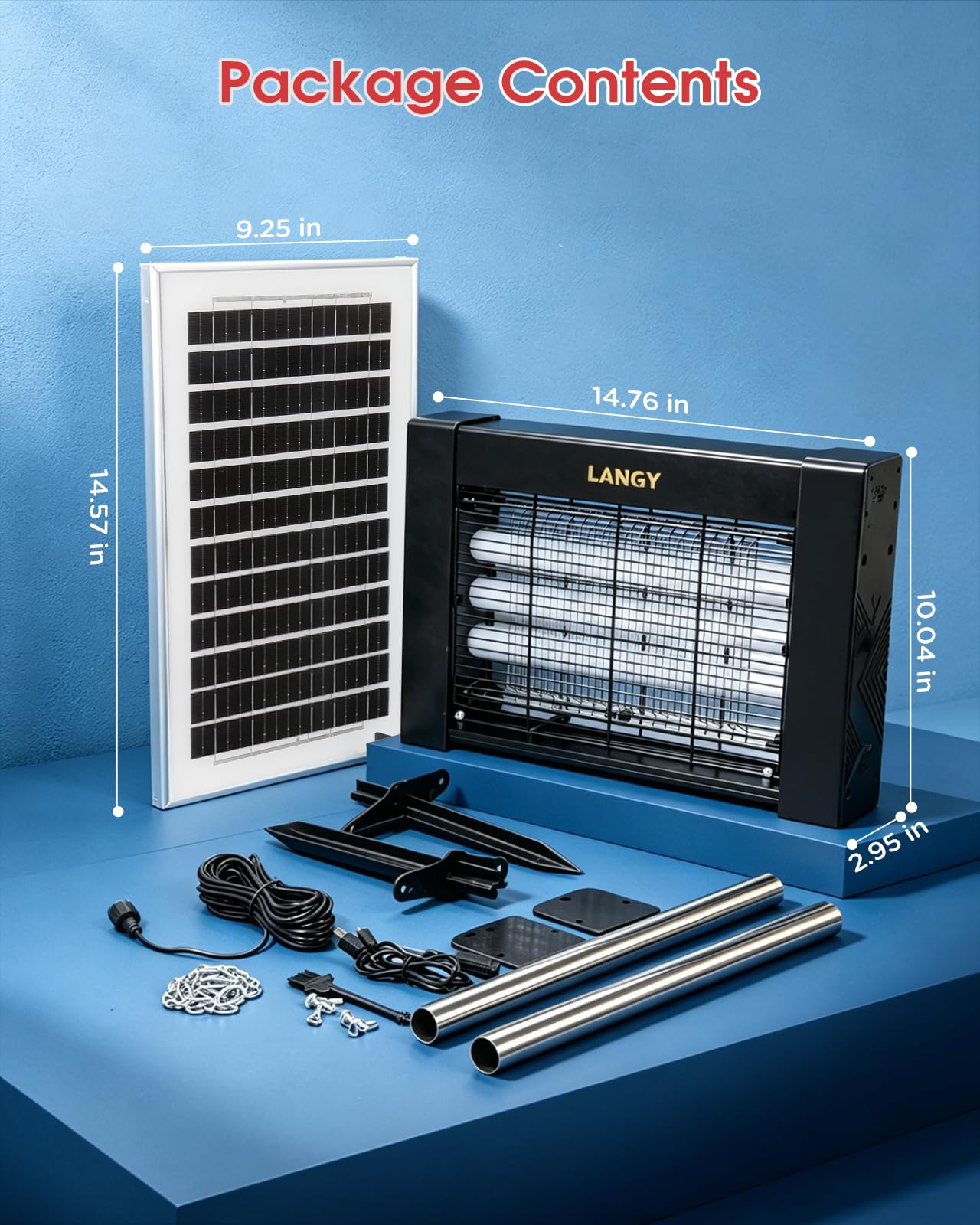 LANGY 10W Solar Bug Zapper Outdoor Waterproof, Upgrade 3-Tube 365nm Mosquito Zapper Solar Powered, Rechargeable 4500V Electric Cordless Fly Zapper Mosquitos Trap Auto On/Off for Yard Patio Camping