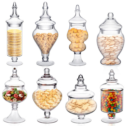 Hushee 8 Pcs Large Apothecary Candy Jars with Lids Glass Clear Candy Buffet Containers Set Apothecary Kit Candy Dishes with Lids for Bathroom Candy Bar Kitchen Decoration
