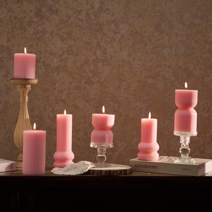 MOZEAL Hand-Poured Pointed Ribbed Soy Pillar Candles Set of 3 - Decorative Pink Unscented Dripless Smokeless (4",6",8") 300 Hr Burn - Stylish Wedding Décor