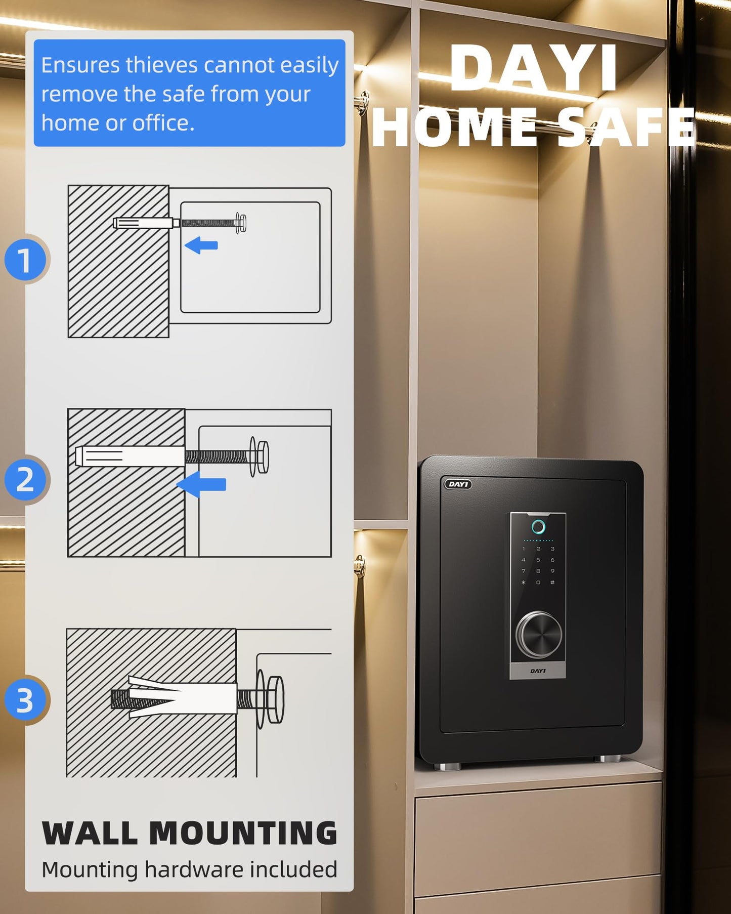 DAYI Biometric Fingerprint Safe Box, 2.0 Cubic Feet Home Safes with Fireproof Bag, Digital Touchpad Security Safe for Money Cash Documents, Dual Alarm System - 45 Pro