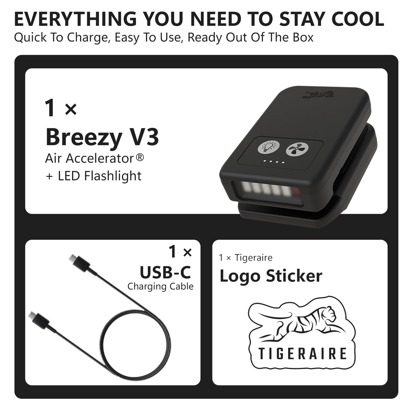 Tigeraire Breezy Clip-On Hat Fan for Sportsmen & Tradesmen - Lightweight Head Cooler, USB-C Recharge, 11 MPH Airflow, 10+ Hr Runtime, Defogs Eyewear & Face Shields - Portable Heat Relief - Black