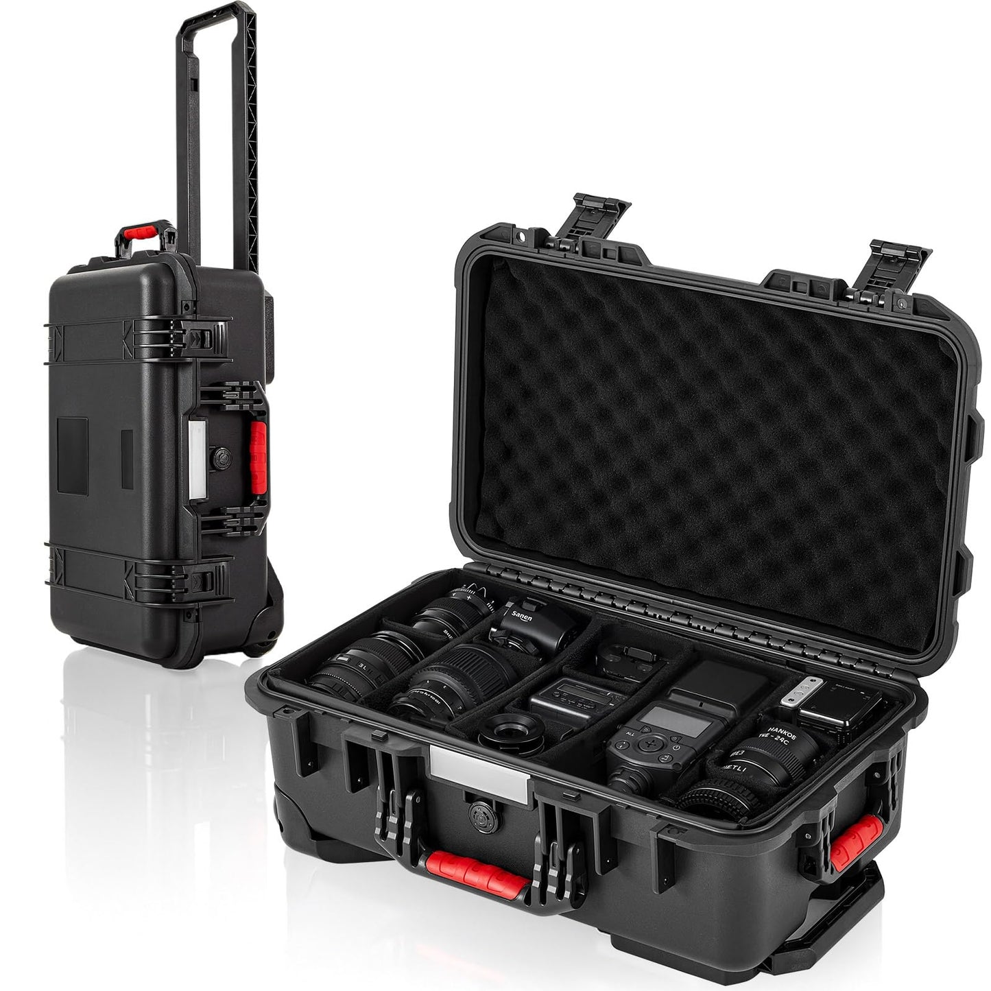 Relaxweex Black Waterproof Rolling Camera Hard Case 22x14x9 Inch, Impact-resistant Travel Case with Padded Dividers & Wheels for Cameras, Lenses & Accessories