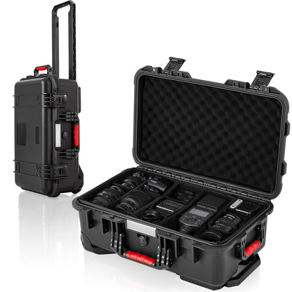 Relaxweex Black Waterproof Rolling Camera Hard Case 22x14x9 Inch, Impact-resistant Travel Case with Padded Dividers & Wheels for Cameras, Lenses & Accessories