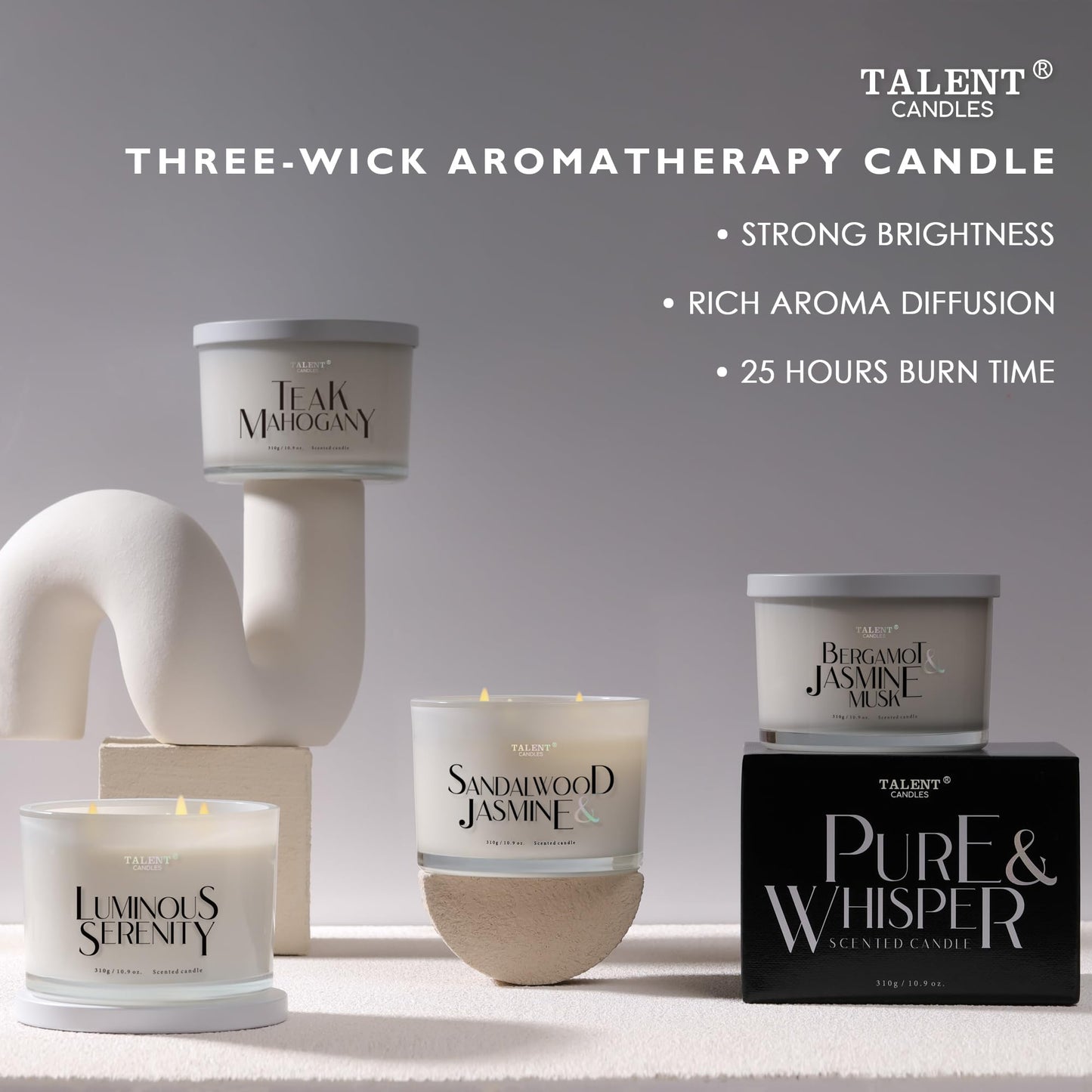 Scented Candle, Talent Candles for Home Scented, 3 Wicks Soy Candles, Candle Gifts for Women & Men, Contemporary Jar Candles, 25 hrs Burn, 10.9oz Sandalwood & Jasmine, TCGG8100A