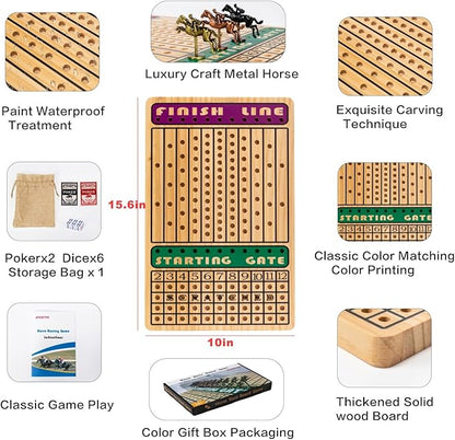 Horse Race Board Game with 11 Luxury Metal Horses 4 Dice 2 Card Boxes and Thickened Wood Game Board for 2-11 Players Family Party for Adults Teens &amp Kids Horse Racing Game