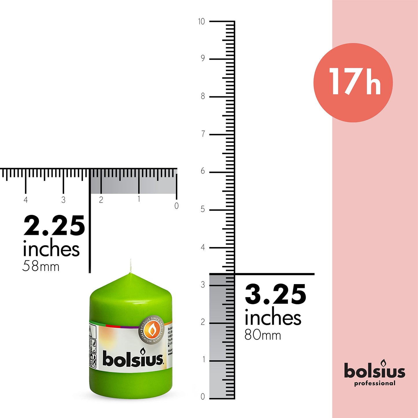 BOLSIUS 10 Lime Green Pillar Candles - 2.25 x 3.25 Inches - Premium European Quality - Individually Wrapped - 17 Burn Hours - Dripless Smokeless Unscented Dinner, Wedding, Party, & Home Decor Candles