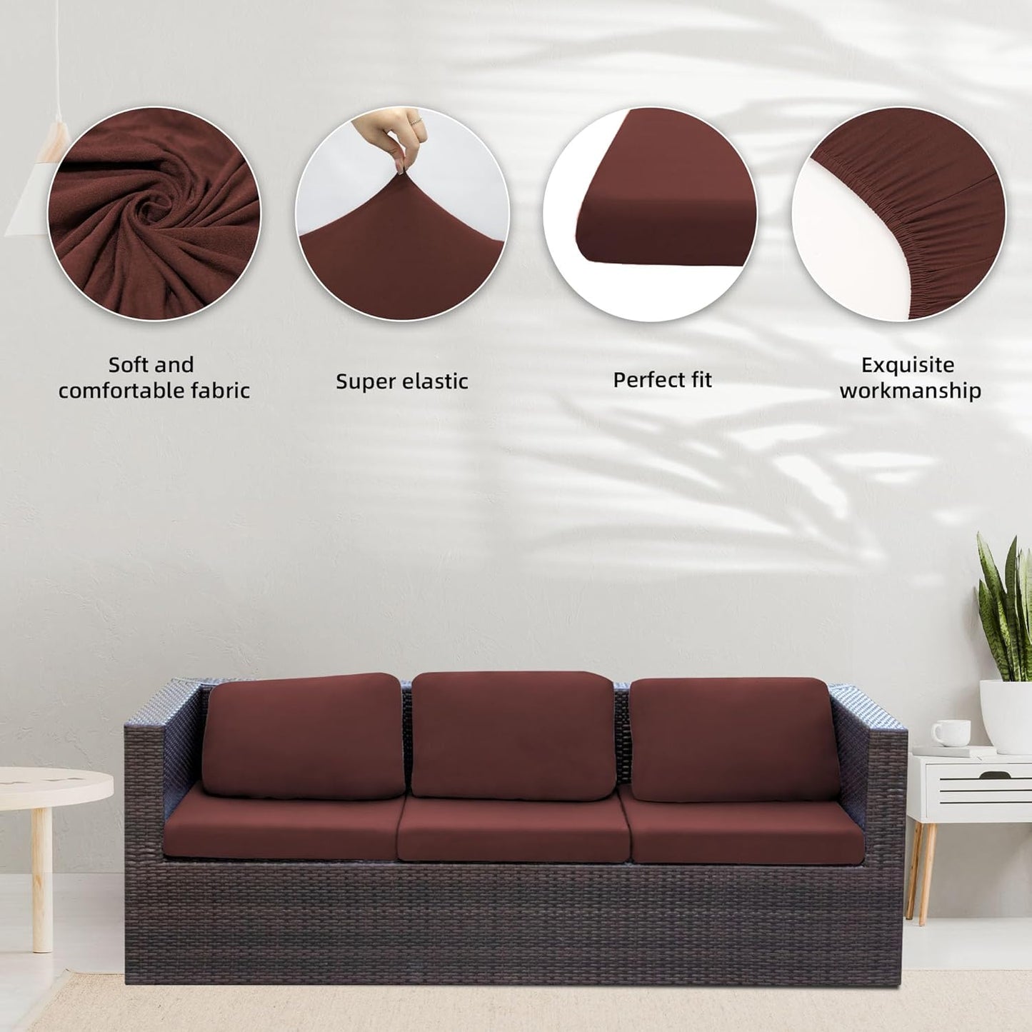 Skiennix 8Pcs Stretch Patio Cushion Covers - Washable Outdoor Couch Slipcovers | Light Coffee