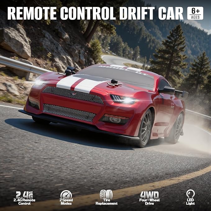 RC Drift Car 1:24 Scale Remote Control Cars Vehicle for Kids 2.4GHz 20KM/H 4WD High Speed RC Cars with LED Light Two Batteries &amp Drifting Tires Racing Sport Toy Car for Adults Boys Girls 8602RD