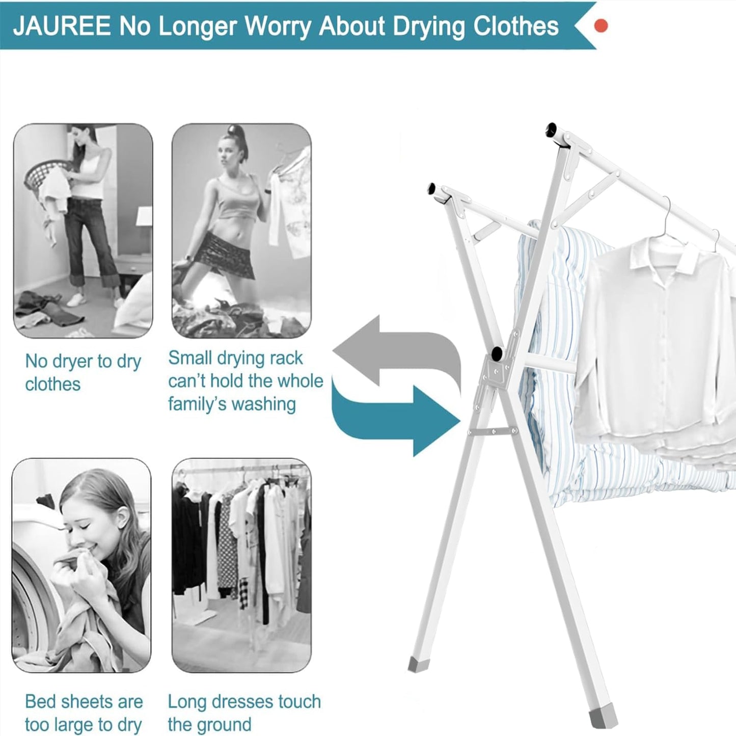 JAUREE 95 Inches Clothes Drying Rack, Drying Rack Clothing Folding Indoor Outdoor, Heavy Duty Stainless Steel Laundry Drying Rack, Foldable Portable Clothes Rack Garment Rack with 20 Hooks White