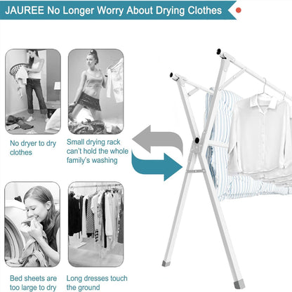 JAUREE 95 Inches Clothes Drying Rack, Drying Rack Clothing Folding Indoor Outdoor, Heavy Duty Stainless Steel Laundry Drying Rack, Foldable Portable Clothes Rack Garment Rack with 20 Hooks White