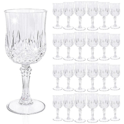 24 Pcs Clear Plastic Wine Glasses, Plastic Goblets for Parties, Vintage Wine Glasses Bulk, Reusable Drinking Glass, Drinkware Cups for Wedding Party Reception Event Supplies