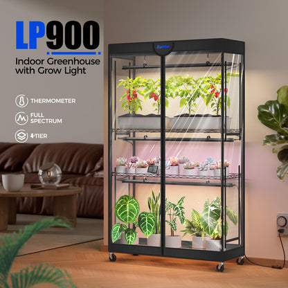 Barrina LP900 Mini Greenhouse with Grow Lights, 4-Tier Plant Stand with 135W TX-S45 3FT 3 Adjustable Full Spectrum Lights , Plant Shelf with Tent Timer & Thermometer for Seed 35.4 x 13.8 x 59.1IN