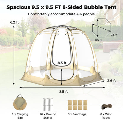 Tangkula Pop Up Bubble Tent, 9.5x9.5 Ft Oversize Outdoor Dome Tent for 4-6 People with 16 Stakes, 8 Wind Ropes, 8 Sandbags, Carrying Bag, Weatherproof Clear Tent for Winter Cold Protection, Camping