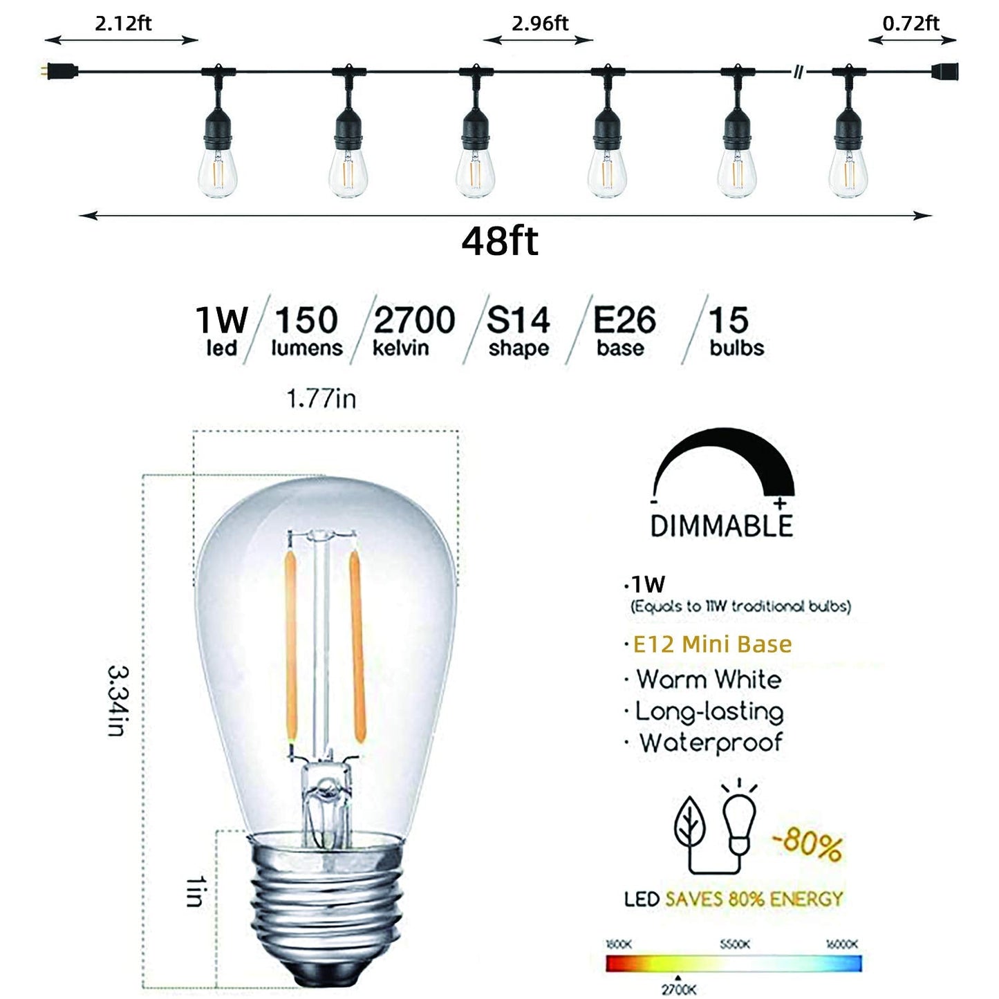 Svater 48FT 2W Outdoor String Lights with 150FT 1W Outdoor Led String Lights