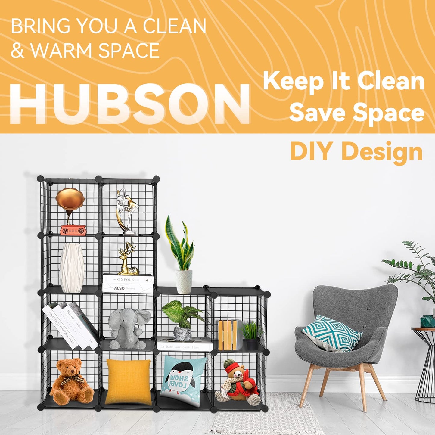 HUBSON Wire Cube Storage Organizer, Book/Toy/Craft/Potted Plants and petCloset Organizers and Storage Shelves, 25-Cube Freely Combinable Metal Grids Storage Shelf,Black Plus Iron