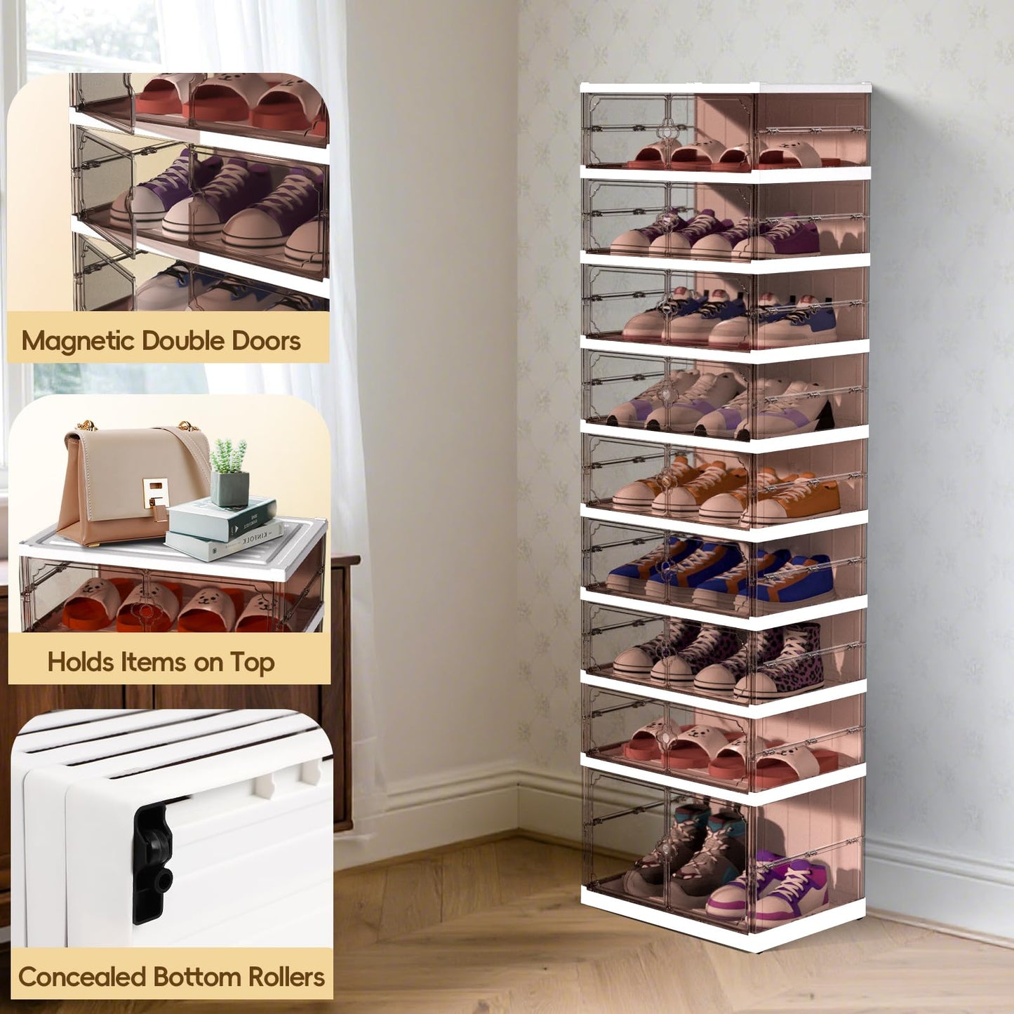 Dollate Foldable Shoe Rack with Clear Magnetic Doors,Portable Shoe Organizer Storage Cabinet on Wheels No Assembly,Large Sneaker Cabinet Bins for Living Room, Cloakroom, Entryway