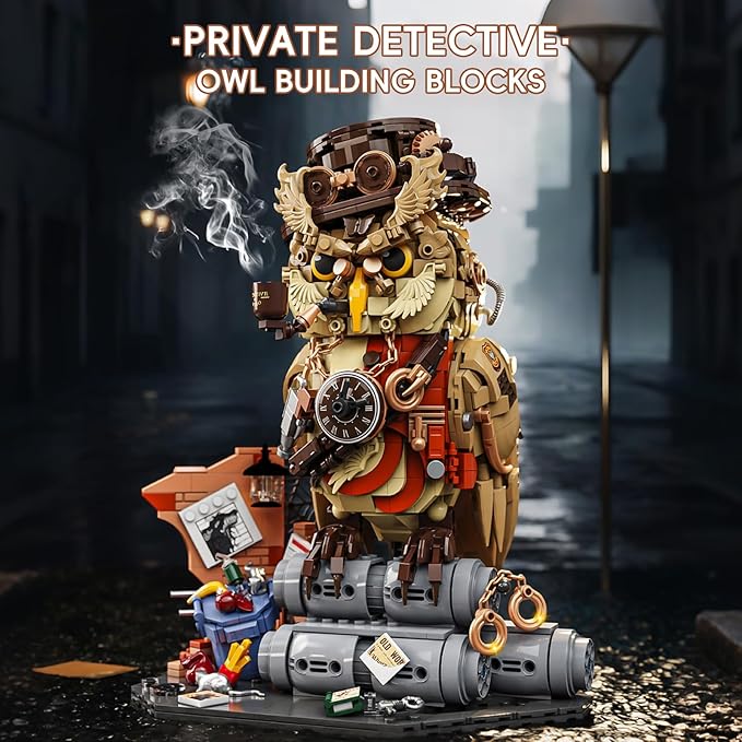 Private Detective Owl Building Blocks Set Steampunk Detective Owl Building Set Retro Mechanical Animal Construction Kit Creative Gift for Adults Teens 1286 PCS