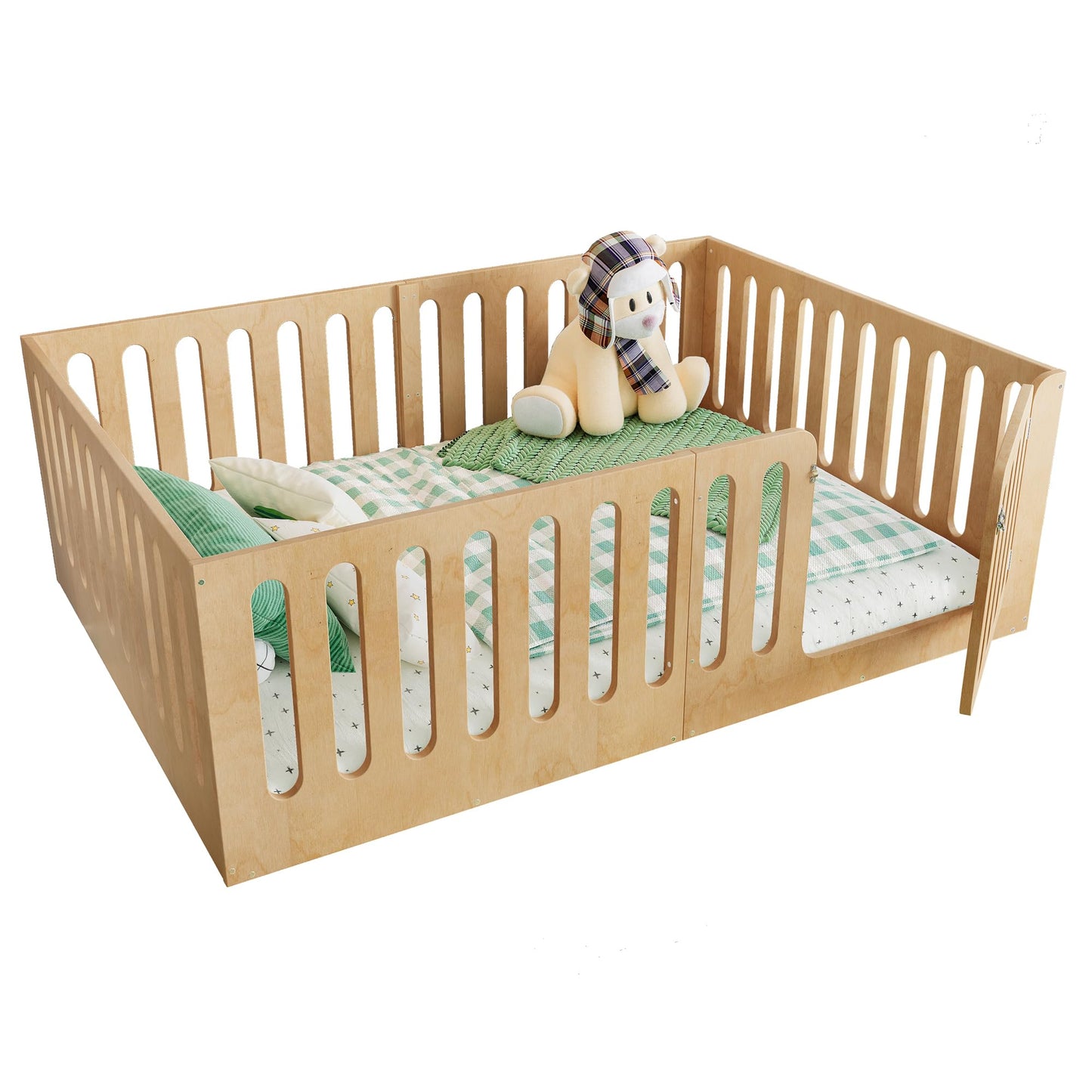 GDFStudio Full Size Montessori Floor Bed with Door, Solid Wood Kids Floor Bed Frame, Low Profile No Box Spring Needed, House Style Design, Sturdy Slats Support, Natural Finish, Easy Assembly