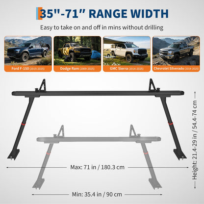 Adjustable Aluminum Truck Ladder Rack 35.4–71 in, 800 LB Heavy-Duty Pickup Bed Cargo System with Drilling Mount for Kayak, Surfboard, Lumber & Work Equipment - Black