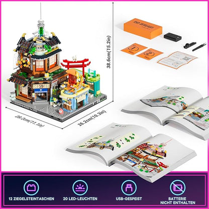 FUNWHOLE Cyberpunk Japanese-Izakaya Lighting-Building-Bricks Set - Cyberpunk Neon City Future Pub Japanese Street View House Collection LED Light Model Set 1987 Pcs for Adults and Sci-fi Lovers