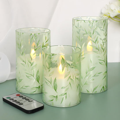 Immeiscent Glass Flameless Candles Green Decor Willow Leaves Vines Greenery Battery Operated LED Pillar Candles for Elegant Home Botanical Decor Special Occasions, Set of 3