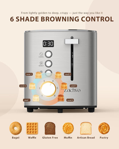 Skiennix 2-Slice Toaster - Wide Slots for Bread & Bagels, Stainless Steel with Digital Countdown & 6 Shade Settings