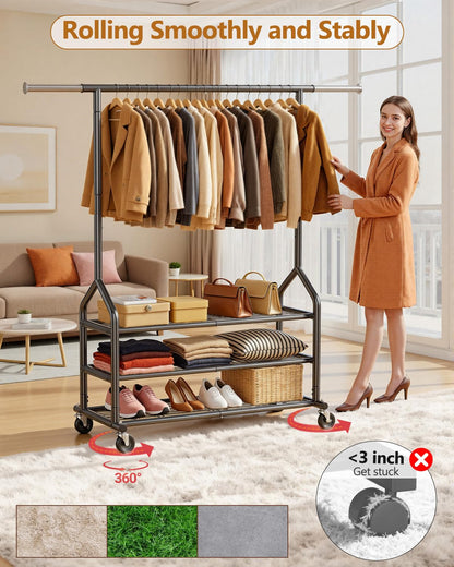 EAGMAK Heavy Duty Clothes Rack Load 686 LBS, Rolling Clothing Rack with 3 Shelves, Height Adjustable Metal Coat Racks, Portable Garment Closet Wardrobe Organizer with Wheels for Hanging Clothes, Black